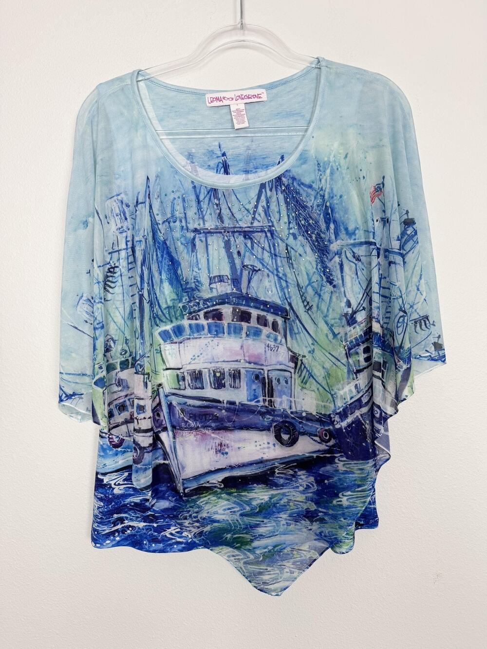 Leoma Lovegrove Shirt Womens Small Blue Boat Art Rhinestone Sheer Kimono Top